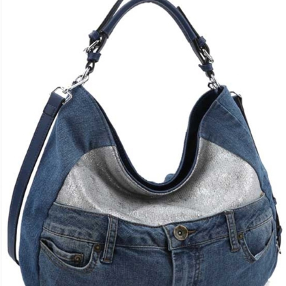 LeMiel Chillx. Medium Denim Hobo Style Handbag 90s Bohemian Silver Foil Accent - Picture 1 of 11